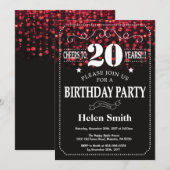 Red Glitter 20th Birthday Invitation Kaart (Voorkant / Achterkant)