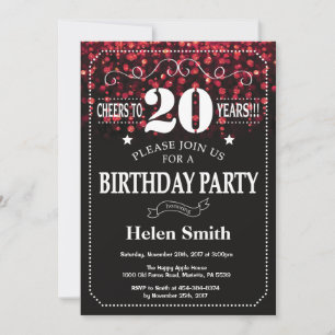 Red Glitter 20th Birthday Invitation Kaart