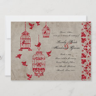 Red Glitter Birds Old Paper Weddenation Kaart