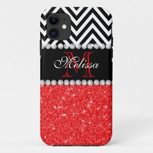RED GLITTER BLACK CHEVRON MONOGRAMMED Case-Mate iPhone CASE (Achterkant)