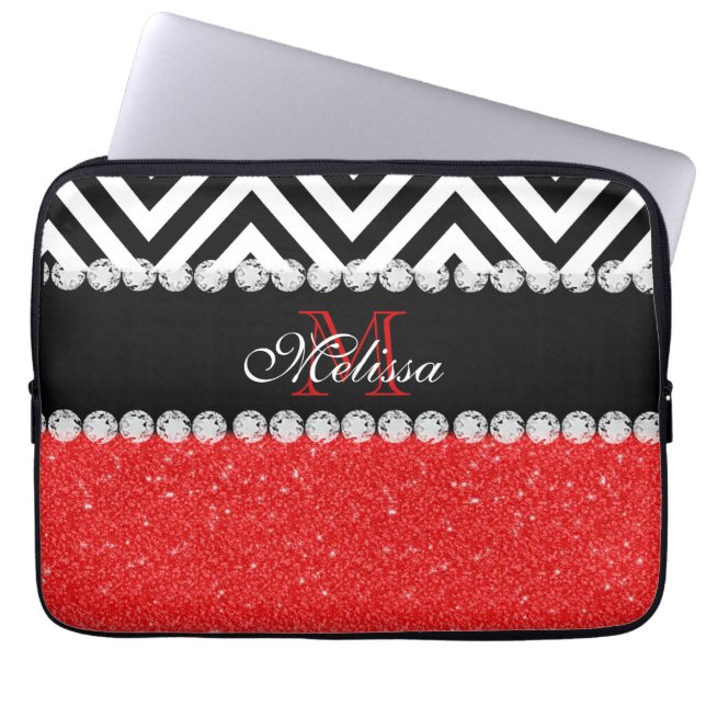 RED GLITTER BLACK CHEVRON MONOGRAMMED LAPTOP SLEEVE (Voorkant)