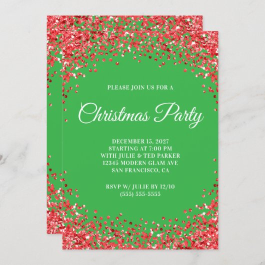 Red Glitter Border Green Christmas Party Kaart (Voorkant / Achterkant)