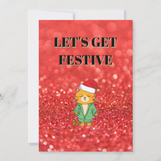 Red glitter effect background, Christmas cat Kaart