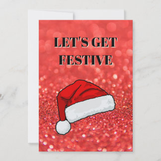 Red glitter effect background, Christmas hat Kaart