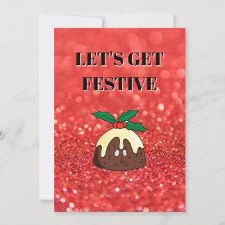 Red glitter effect background, Christmas pudding Kaart