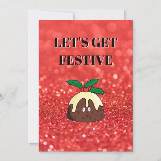 Red glitter effect background, Christmas pudding Kaart (Voorkant)