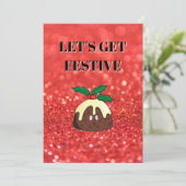 Red glitter effect background, Christmas pudding Kaart (Staand voorkant)