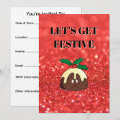 Red glitter effect background, Christmas pudding Kaart (Voorkant / Achterkant)
