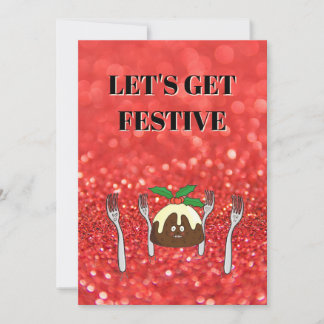Red glitter effect background, Christmas pudding Kaart