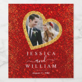 Red Glitter Gold Heart Aangepaste bruiloft foto Wijn Etiket (Enkel label)
