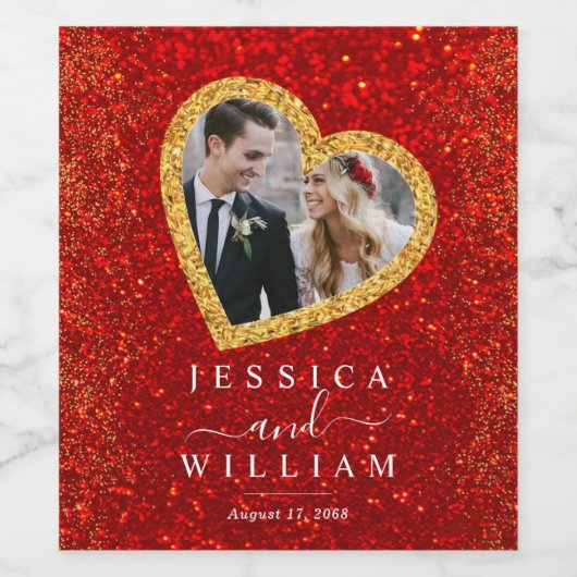 Red Glitter Gold Heart Aangepaste bruiloft foto Wijn Etiket (Enkel label)