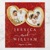 Red Glitter Hearts Photo Custom Wedding Wijn Etiket (Enkel label)