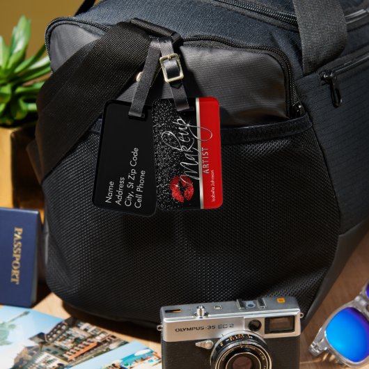 Red Glitter Lip 💋 Makeup Artist Bagagelabel (Voorkant /achterkant)