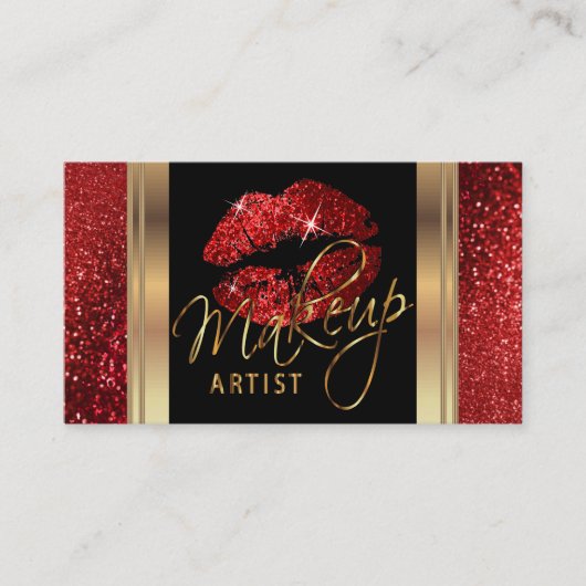 Red Glitter Lips en Elegant Gold Script Visitekaartje (Voorkant)
