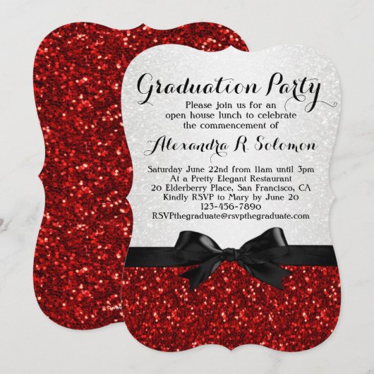 Red Glitter-look Bow Graduation Party Invitation Kaart (Voorkant / Achterkant)