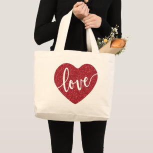 Red Glitter Love Heart VALENTIJNSE Grote Tote Bag