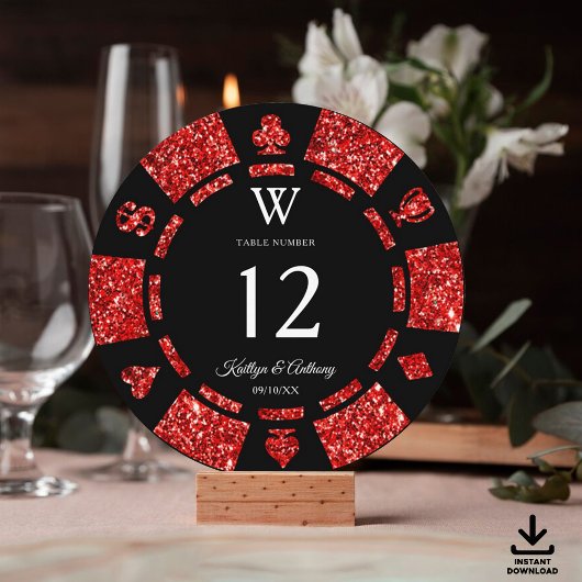 Red Glitter Monogram Poker Chip Casino Wedding Kaart