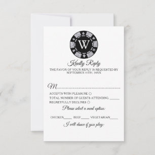 Red Glitter Monogram Poker Chip Casino Wedding RSVP Kaartje