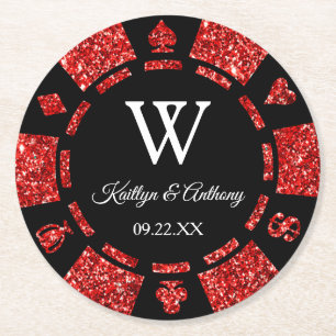 Red Glitter Poker Chip Casino Wedding Ronde Kartonnen Onderzetter