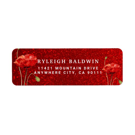 Red Glitter Poppy Flowers Return Address Label (Voorkant)