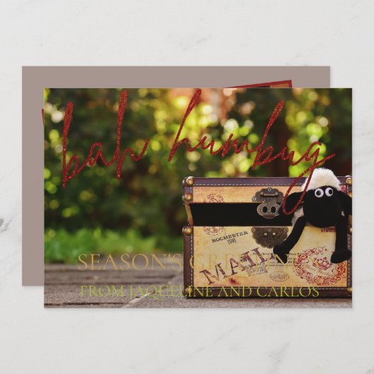 Red Glitter Script Bah Humbug-kerstkaart (Voorkant / Achterkant)