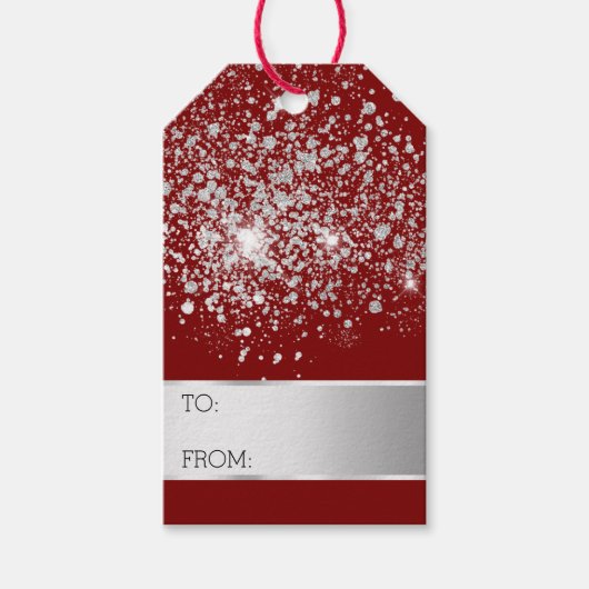 Red Glitter Silver Confetti Christmas Cadeaulabel (Voorkant)