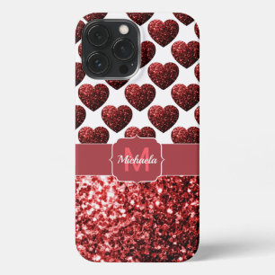 Red Glitter sparkles Hearts Monogram iPhone 13 Pro Max Hoesje