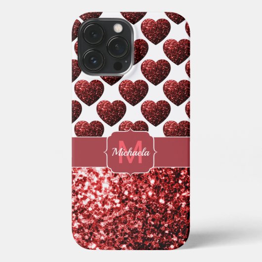 Red Glitter sparkles Hearts Monogram iPhone Hoesje (Achterkant)
