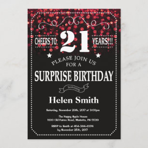 Red Glitter Surprise 21st Birthday Invitation Kaart