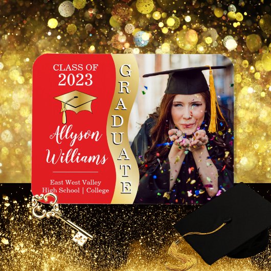 Red | Gold Afstuderen Wave Afstudeerder Pet Foto M Magneet