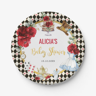 Red Gold Alice in Wonderland Baby shower Tea Party Papieren Bordje