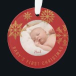 Red Gold Babys First Christmas Cadeau Ornament<br><div class="desc">Or rouge vif Snowflakes Noël ornement photo pour les nouveaux parents qui viennent d'avoir un bébé. Personnalisez-le en ajoutant le nom. Fait un cadeau parfait pour vos amis ou votre famille.</div>