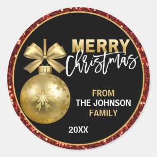 Red Gold Bauble Ornament Glitter Merry kerst Ronde Sticker