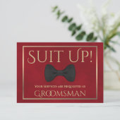 Red & Gold Be My Groomsman Fun Bow Stropdas Kaart (Staand voorkant)
