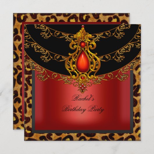 Red Gold Black Birthday Leopard Kaart (Voorkant / Achterkant)