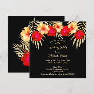 Red Gold Black Palms Hibiscus Floral Birthday sq Kaart