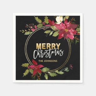 RED Gold Black Poinsettia MERRY CHRISTMAS Servet