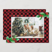 Red Gold Buffalo Plaid Holly Photo Cartes de Noël (Devant / Derrière)