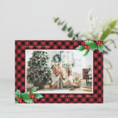 Red Gold Buffalo Plaid Holly Photo Cartes de Noël (Debout devant)
