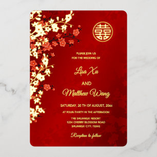 Red Gold Cherry Blossom   Chinese bruiloft Folie Uitnodiging