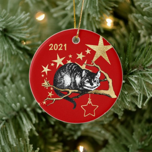 Red Gold Cheshire Cat Star Kerstmis Keramisch Ornament (Boom)