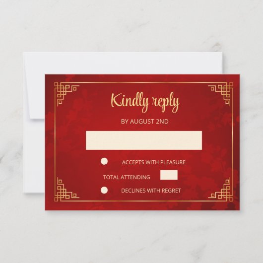 Red Gold Chinese Frame Wedding RSVP (Voorkant)