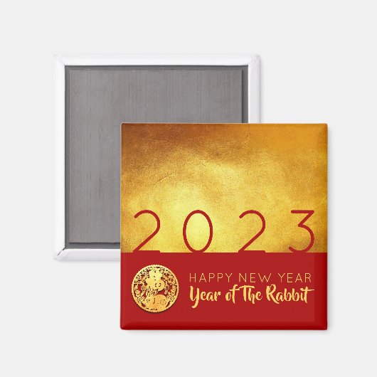 Red Gold Chinese Rabbit papieren snede 2023 SqM Magneet (Voorkant / Achterkant)