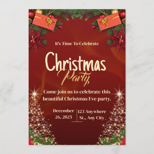 Red & Gold Christmas Eve Party Invitation Card (Devant)