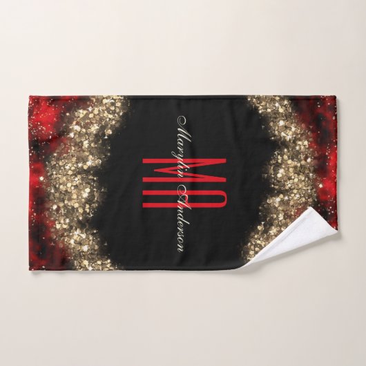 RED & GOLD CHRISTMAS SHIMMER CUSTOM MONOGRAM BAD HANDDOEK (Handdoek)