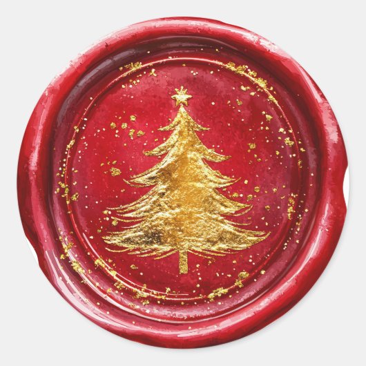 Red Gold Christmas Tree Faux Wax Envelope Seal  Ronde Sticker (Voorkant)