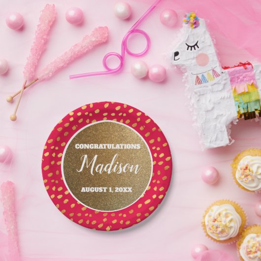 Red Gold Confetti Afstuderen College Trunk Party Papieren Bordje