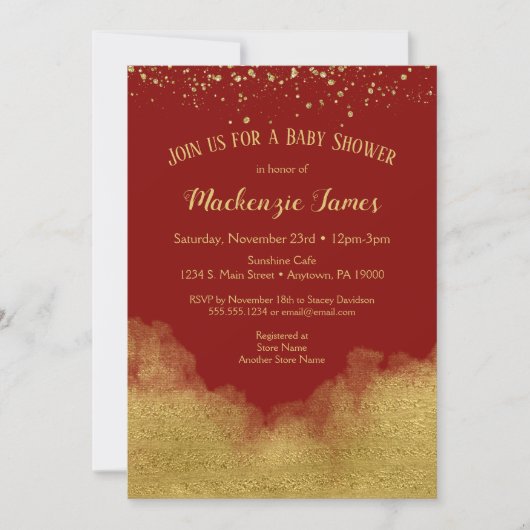Red Gold Confetti Baby shower Invitation Neutre (Devant)