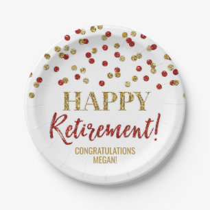 Red Gold Confetti Happy Retirement Papieren Bordje