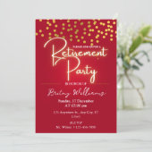 Red Gold Confetti Retirement Party Uitnodigingen (Staand voorkant)